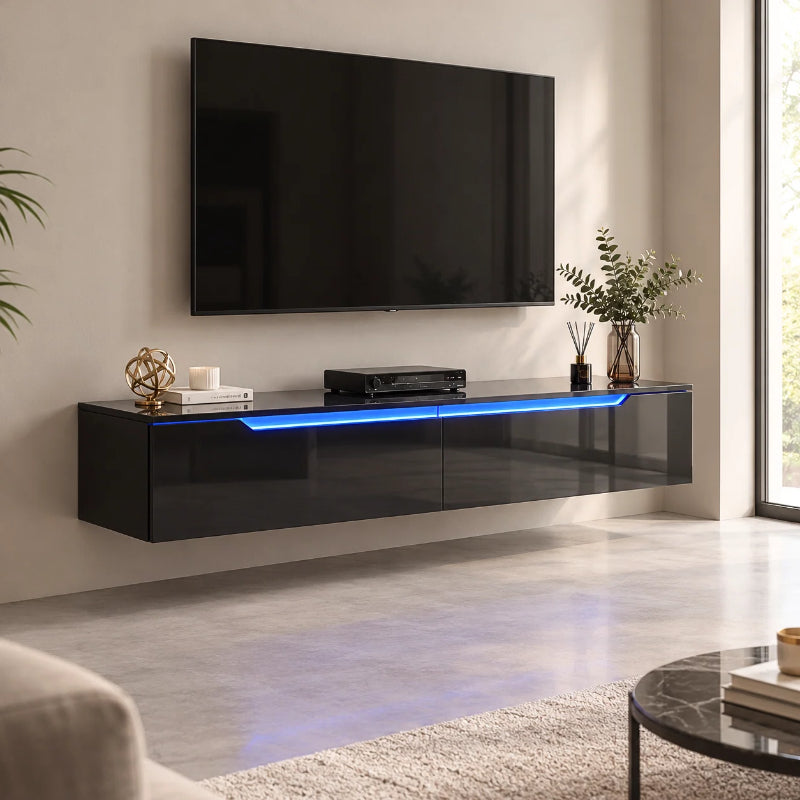 Vue de face du meuble TV suspendu noir laqué brillant Erik, design scandinave 140x35x30cm