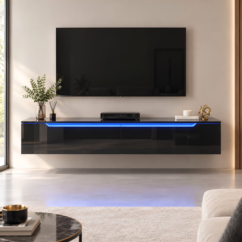Meuble TV suspendu noir Erik avec éclairage LED 16 couleurs dans un salon moderne