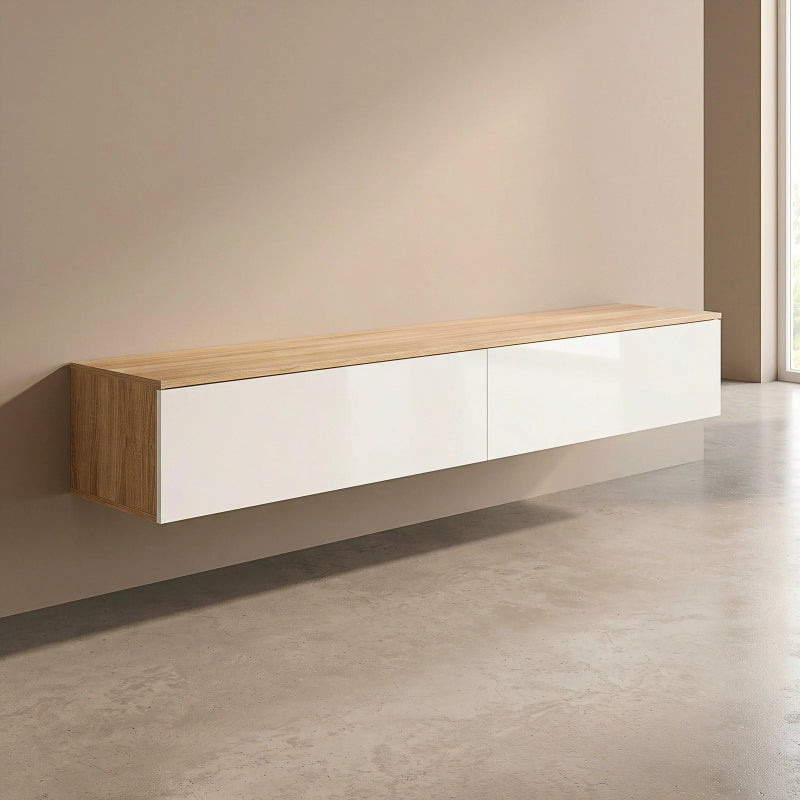 Meuble TV suspendu blanc et bois Nils dans un salon scandinave moderne
