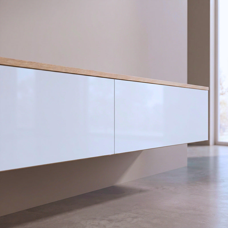 Meuble TV suspendu blanc et bois Nils vu de profil, fixation murale