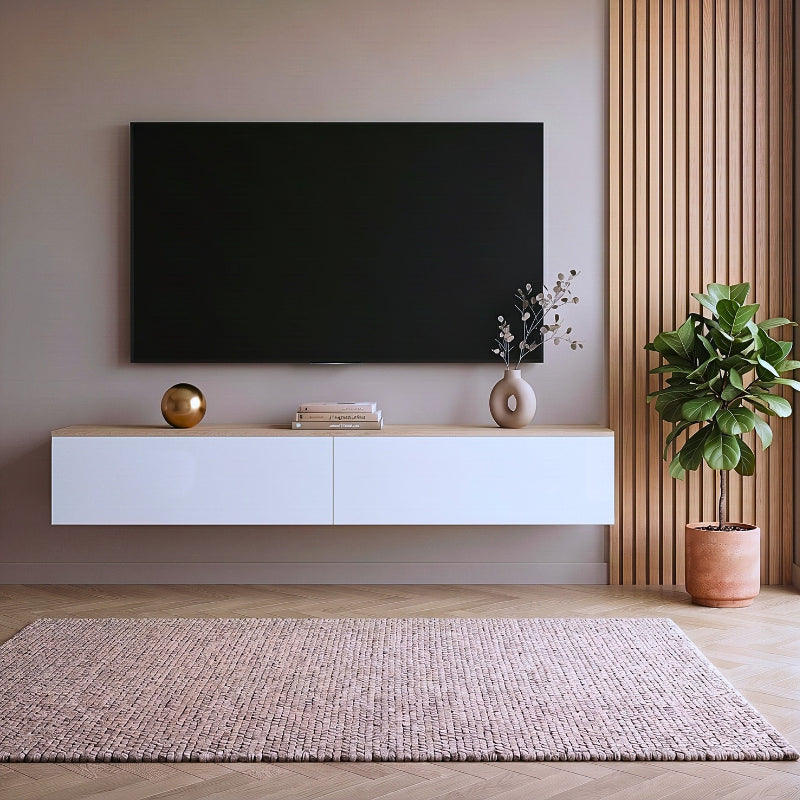 Vue de face du meuble TV suspendu blanc et bois Nils, 180x30x30cm
