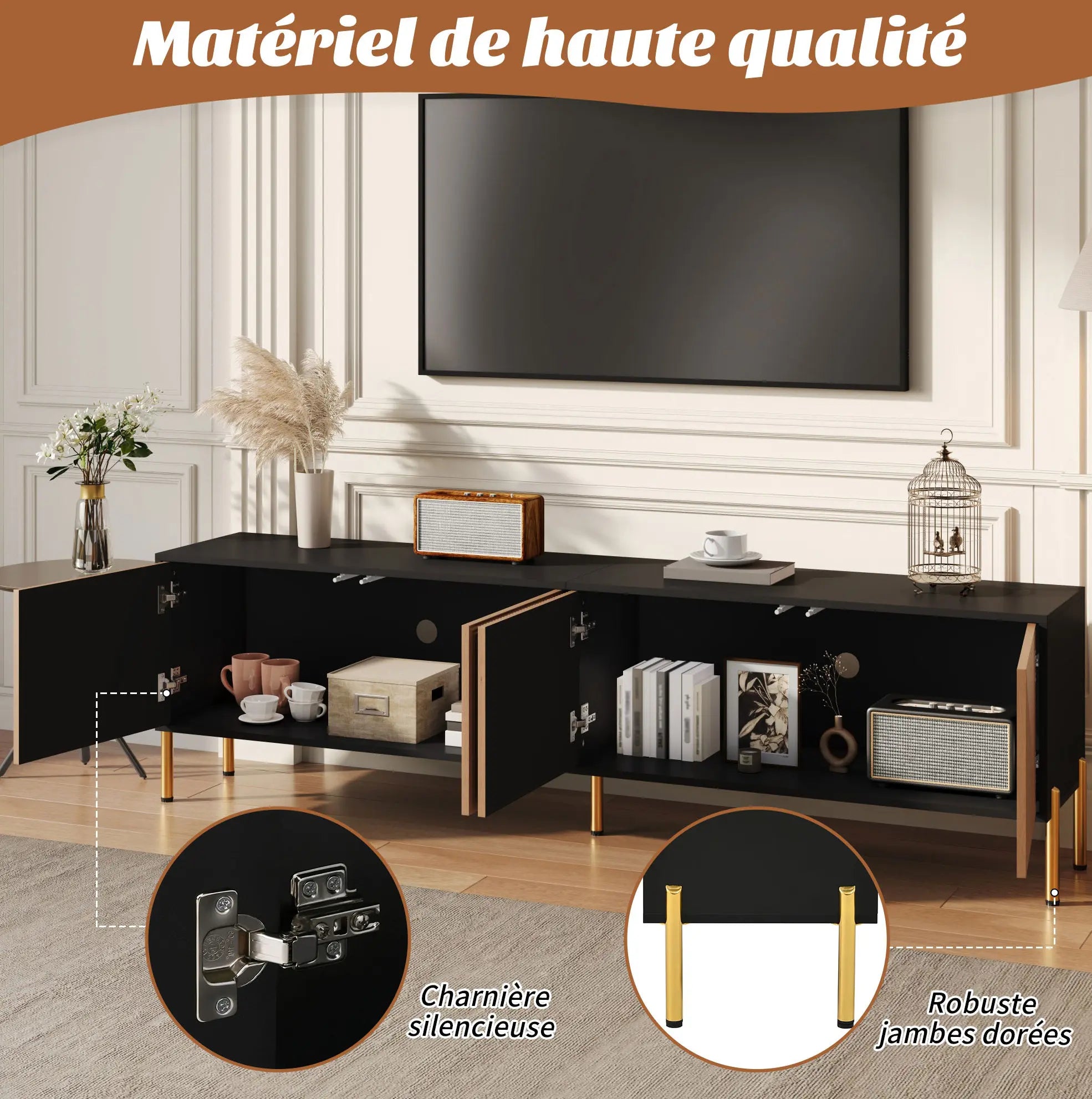 Meuble TV Noir et Bois 180 cm