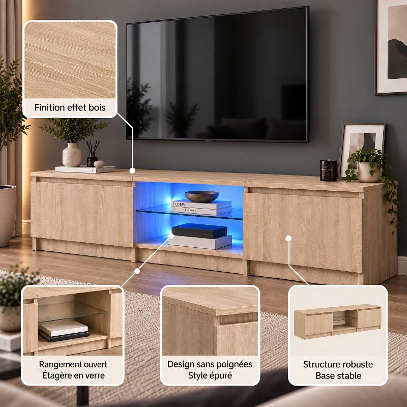Meuble Télé en Bois Sonoma Clair avec LED RVB  | Honûr