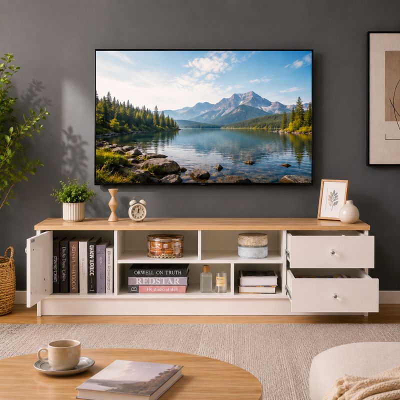 Meuble TV Blanc et Bois 160 cm - Karl | Style Moderne pour Votre Salon