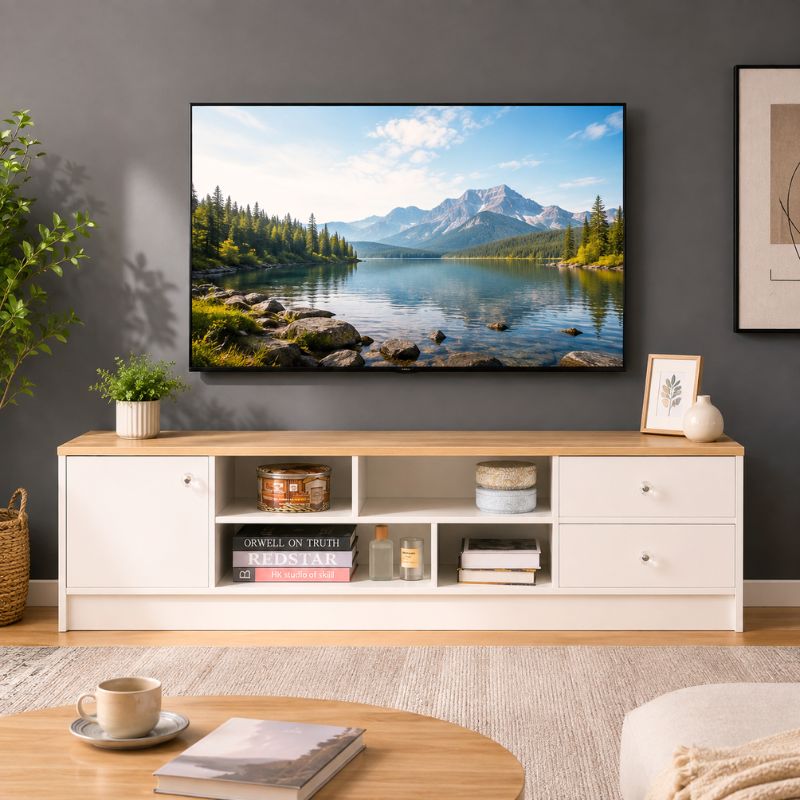 Meuble TV Blanc et Bois 160 cm - Karl | Style Moderne pour Votre Salon
