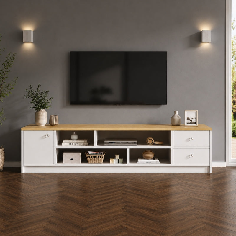 Meuble TV Blanc et Bois Clair - Thor | Design & Rangement Optimisé