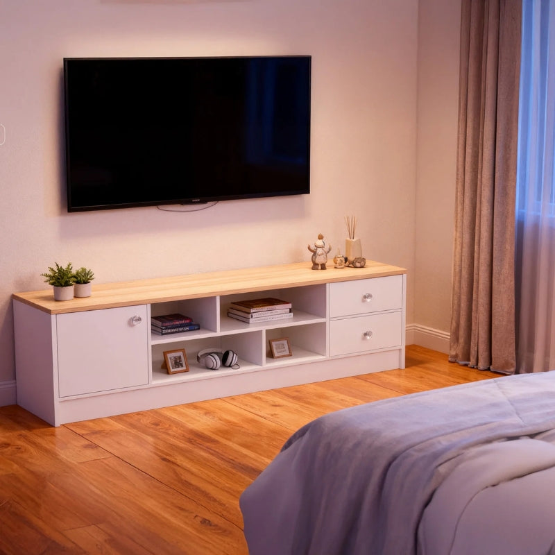 Meuble TV Blanc et Bois Clair - Thor | Design & Rangement Optimisé