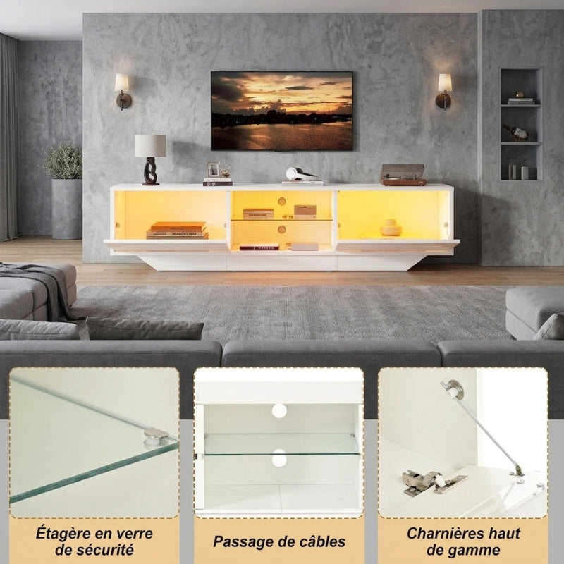 Meuble TV Blanc Laqué Led - Olav | Design & Rangement Optimisé