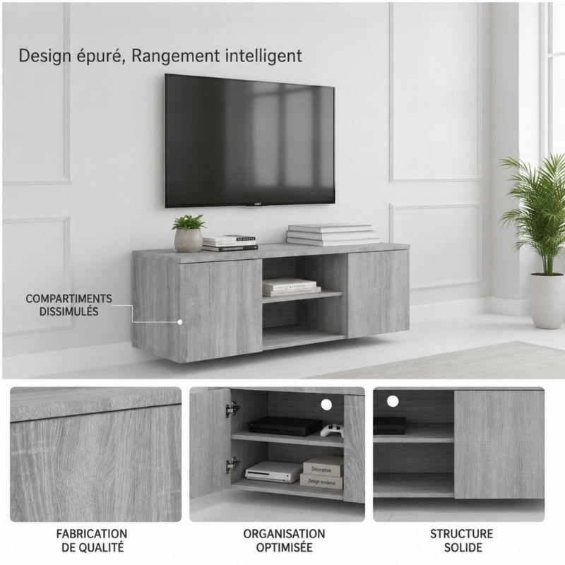 Meuble TV en Bois Gris - Sander | Design & Rangement Optimisé