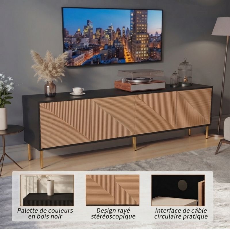 Meuble TV Noir et Bois 180 cm - Nikolaj | Le Meuble qui Sublime Votre Salon