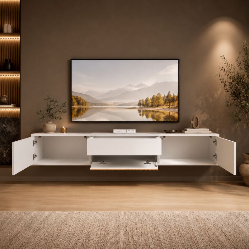 Meuble TV Suspendu Blanc 180 cm - Mikael | Chic, Robuste et Fonctionnel