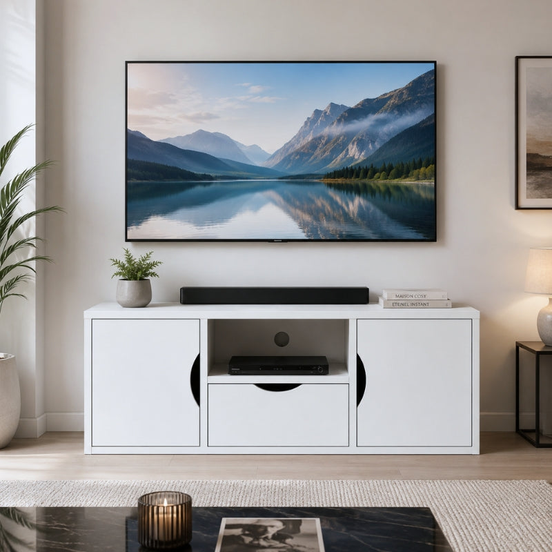Petit Meuble TV Blanc et Bois - Leif | Chic, Robuste et Fonctionnel