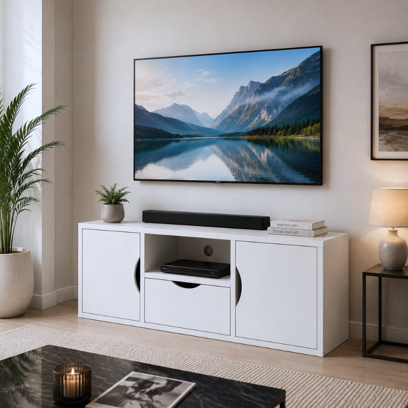 Petit Meuble TV Blanc et Bois - Leif | Chic, Robuste et Fonctionnel