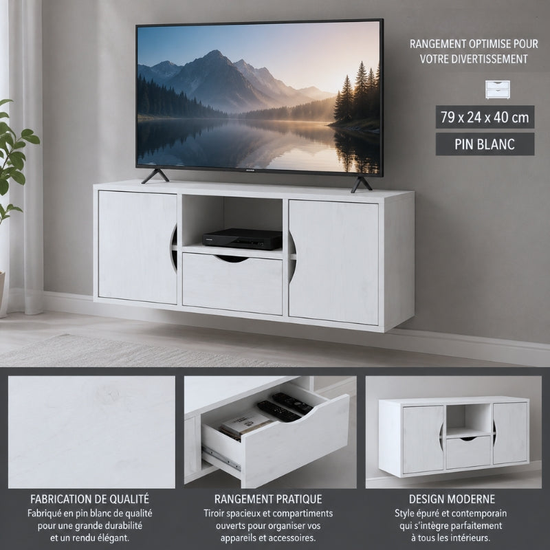 Petit Meuble TV Blanc et Bois - Leif | Chic, Robuste et Fonctionnel