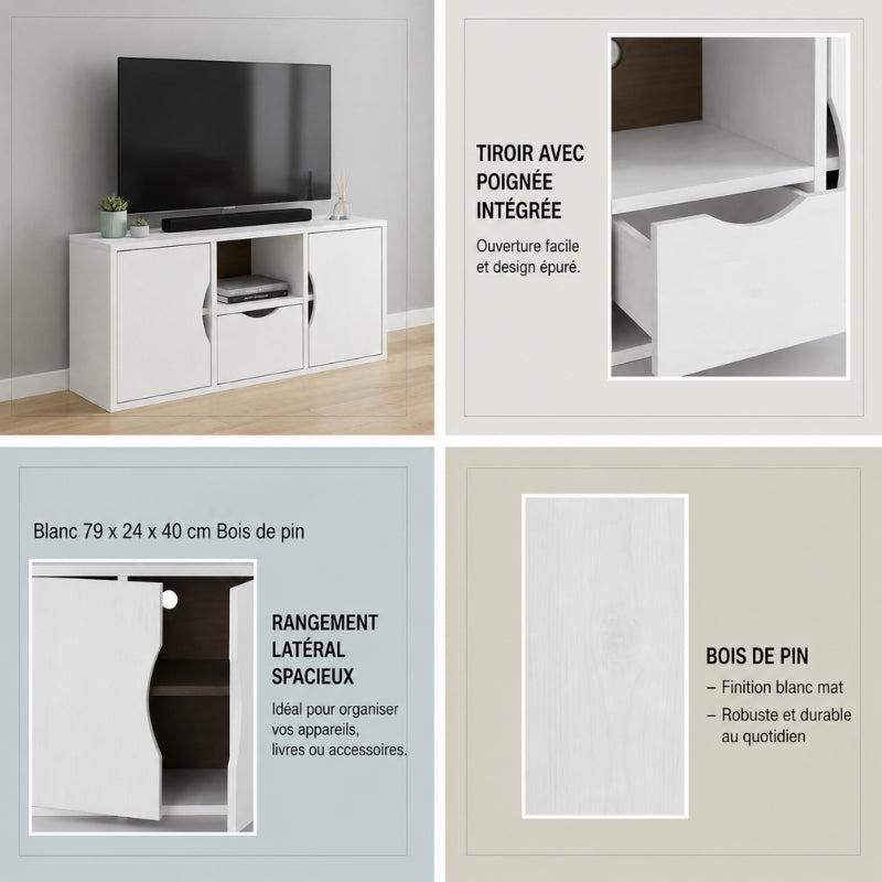 Petit Meuble TV Blanc et Bois - Leif | Chic, Robuste et Fonctionnel